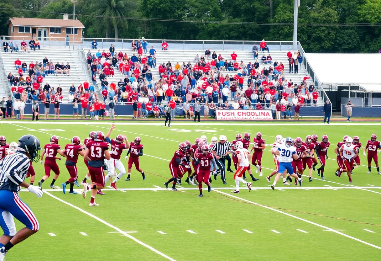 A vibrant scene of high school football teams playing on a field in South Carolina.