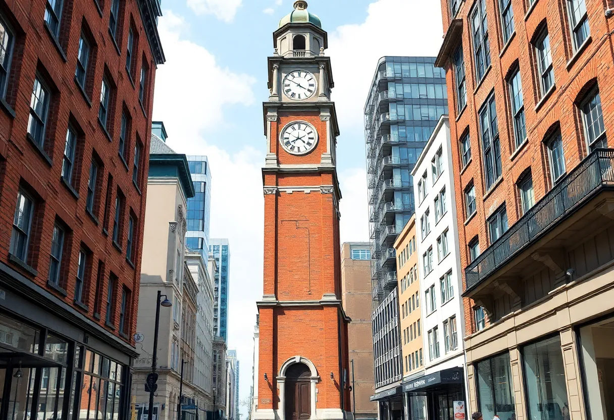 Historic clock tower in Spartanburg with modern buildings in the background