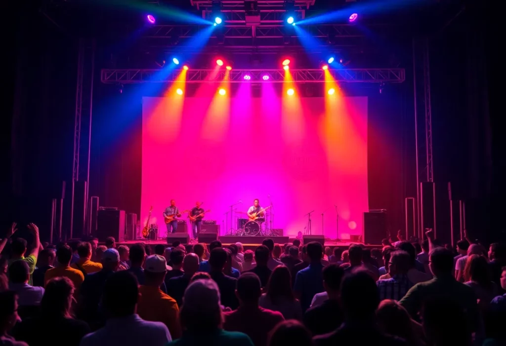 Audience enjoying a live concert with colorful stage lights