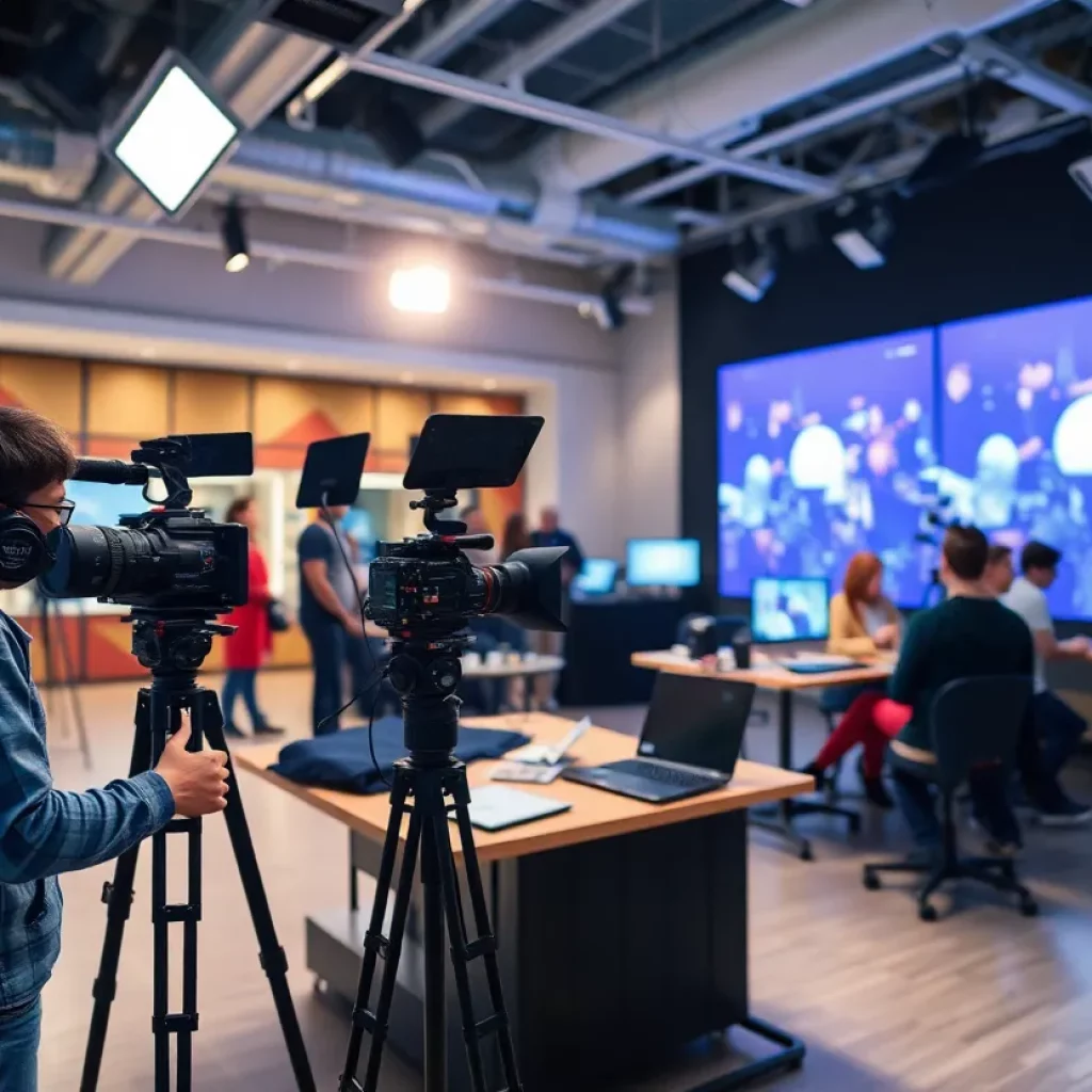 Students collaborating in a film studio at Spartanburg Community College