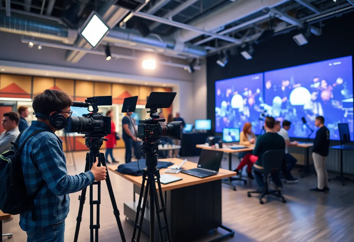 Students collaborating in a film studio at Spartanburg Community College