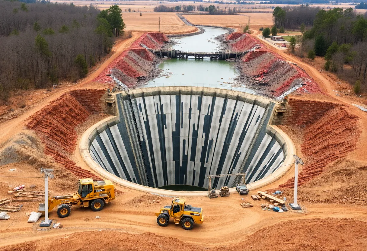 Workers constructing a large water storage basin in Spartanburg County