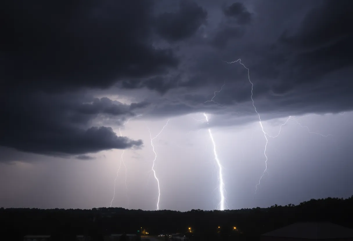Dark storm clouds over Spartanburg city with a flash of lightning.