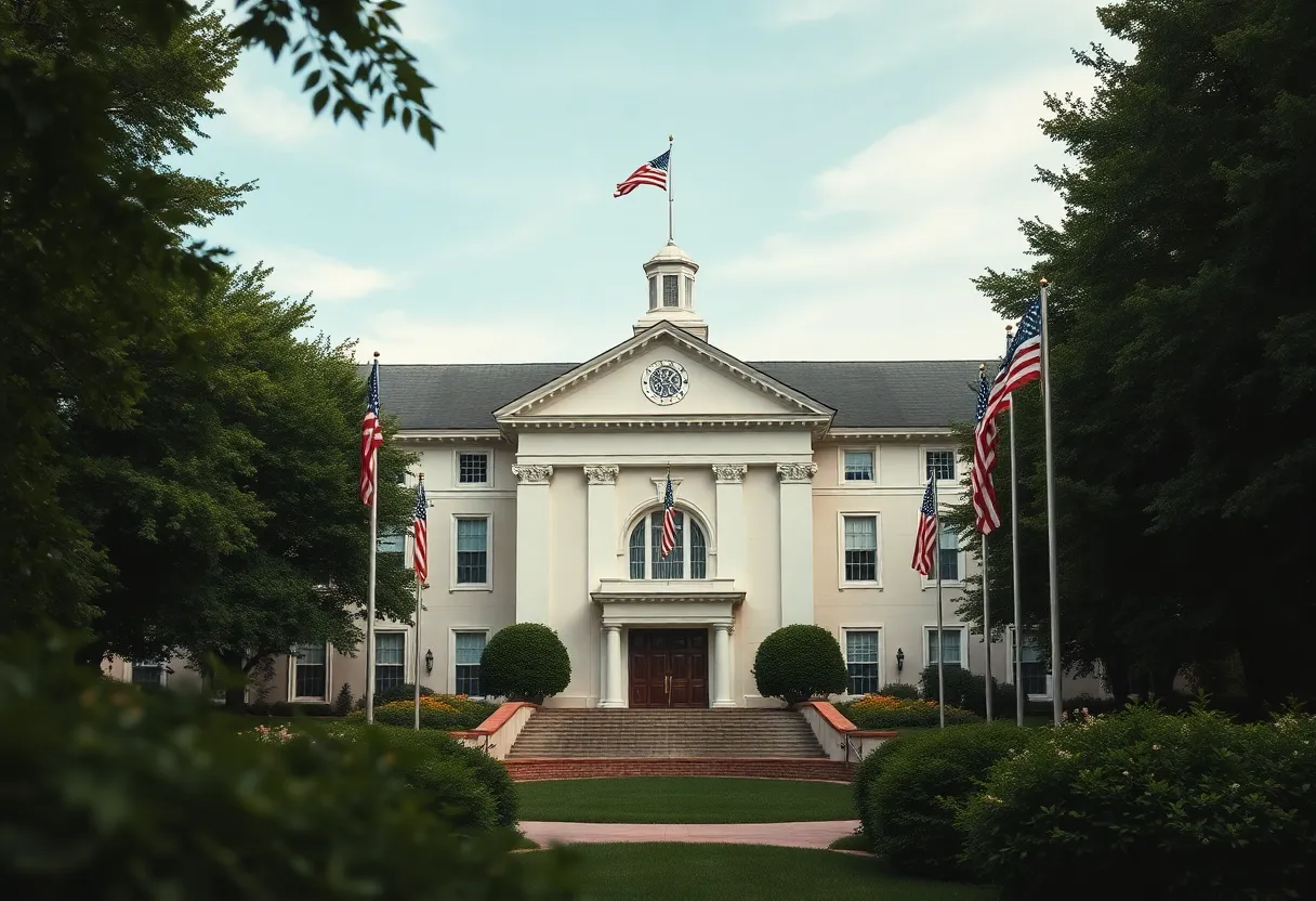 West Point Academy surrounded by greenery and flags