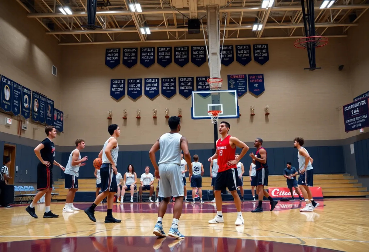 Basketball players practicing at Wofford College gym