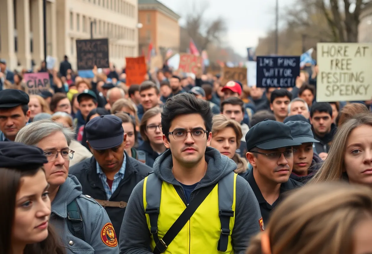 Crowd reacting to the news of Charlie Kirk's assassination at a university event