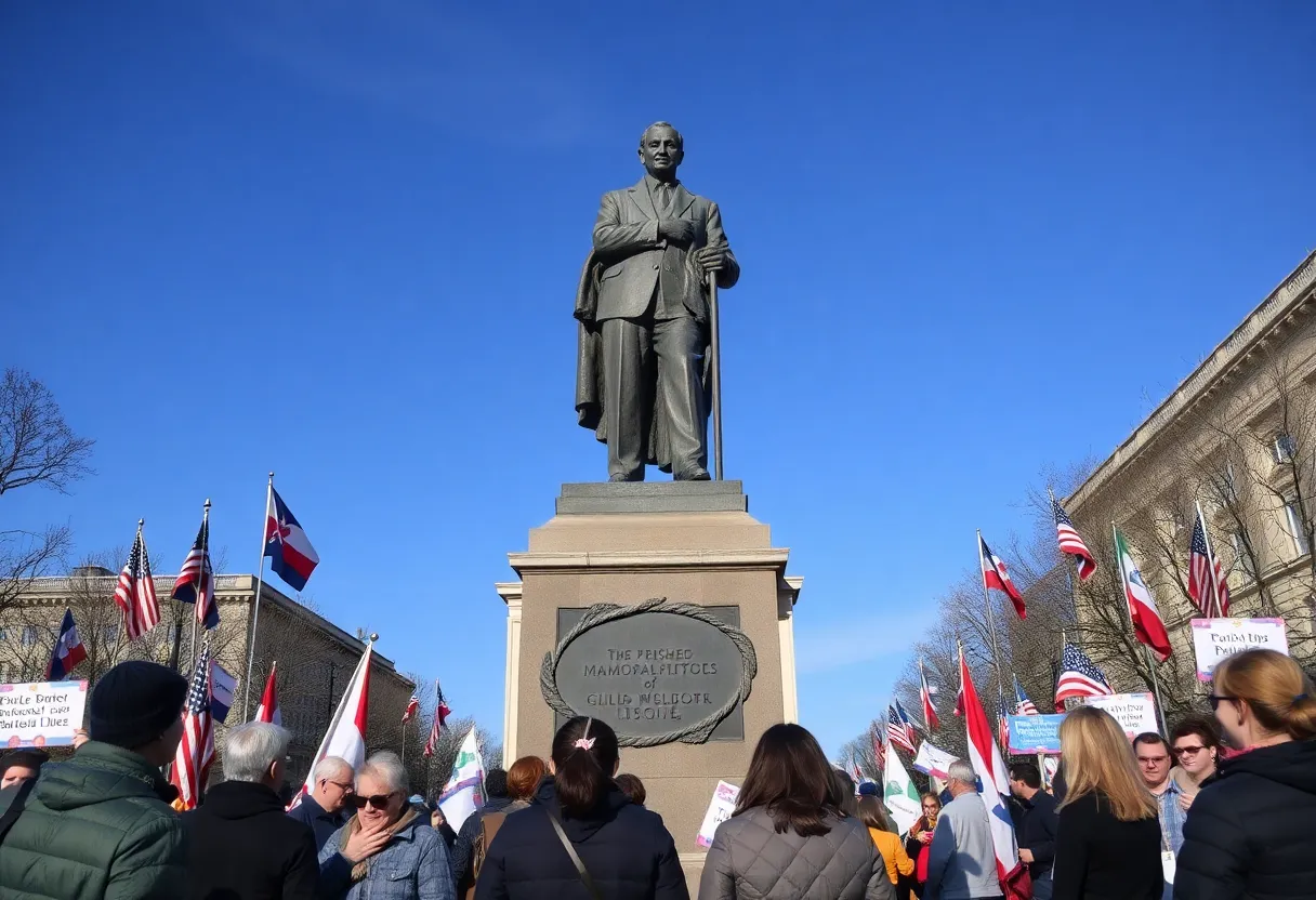 Statue representing the memorialization of a public figure in a political context.