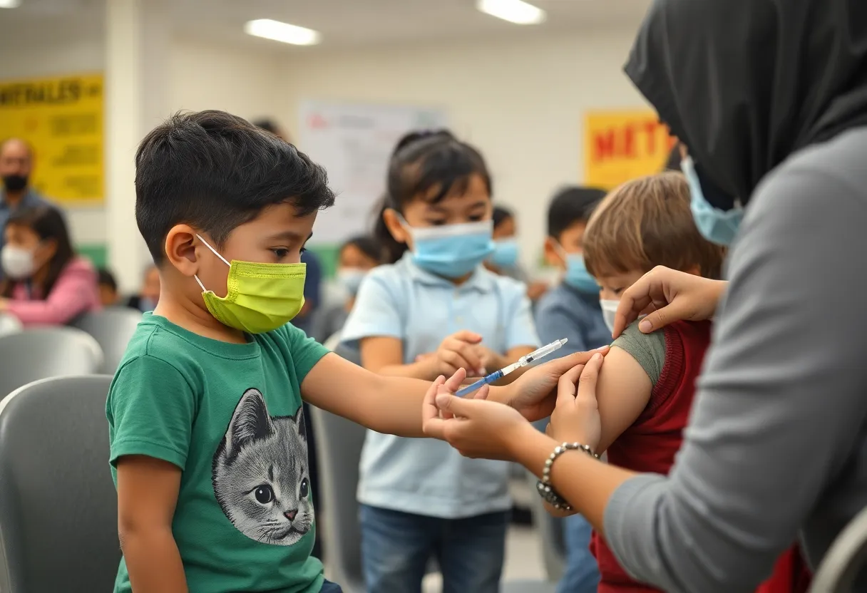 Children receiving measles vaccination in a school health initiative.