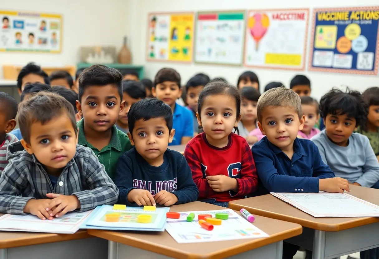 Diverse children in a classroom discussing health and vaccination