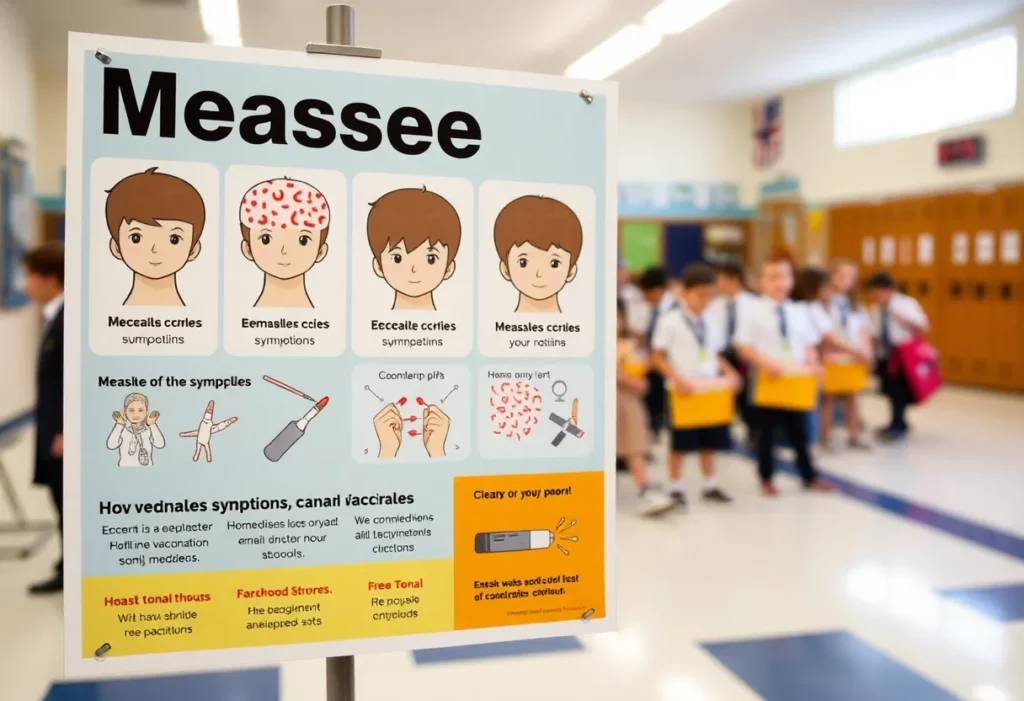 Educational poster about measles symptoms and vaccination importance