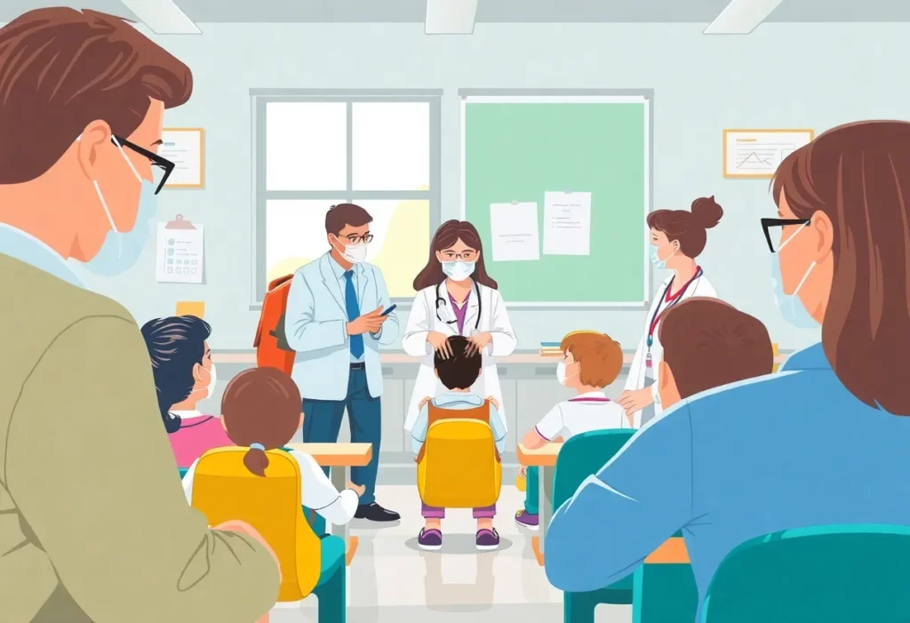 Health officials engaging with parents about measles vaccinations in a school environment.