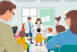 Health officials engaging with parents about measles vaccinations in a school environment.