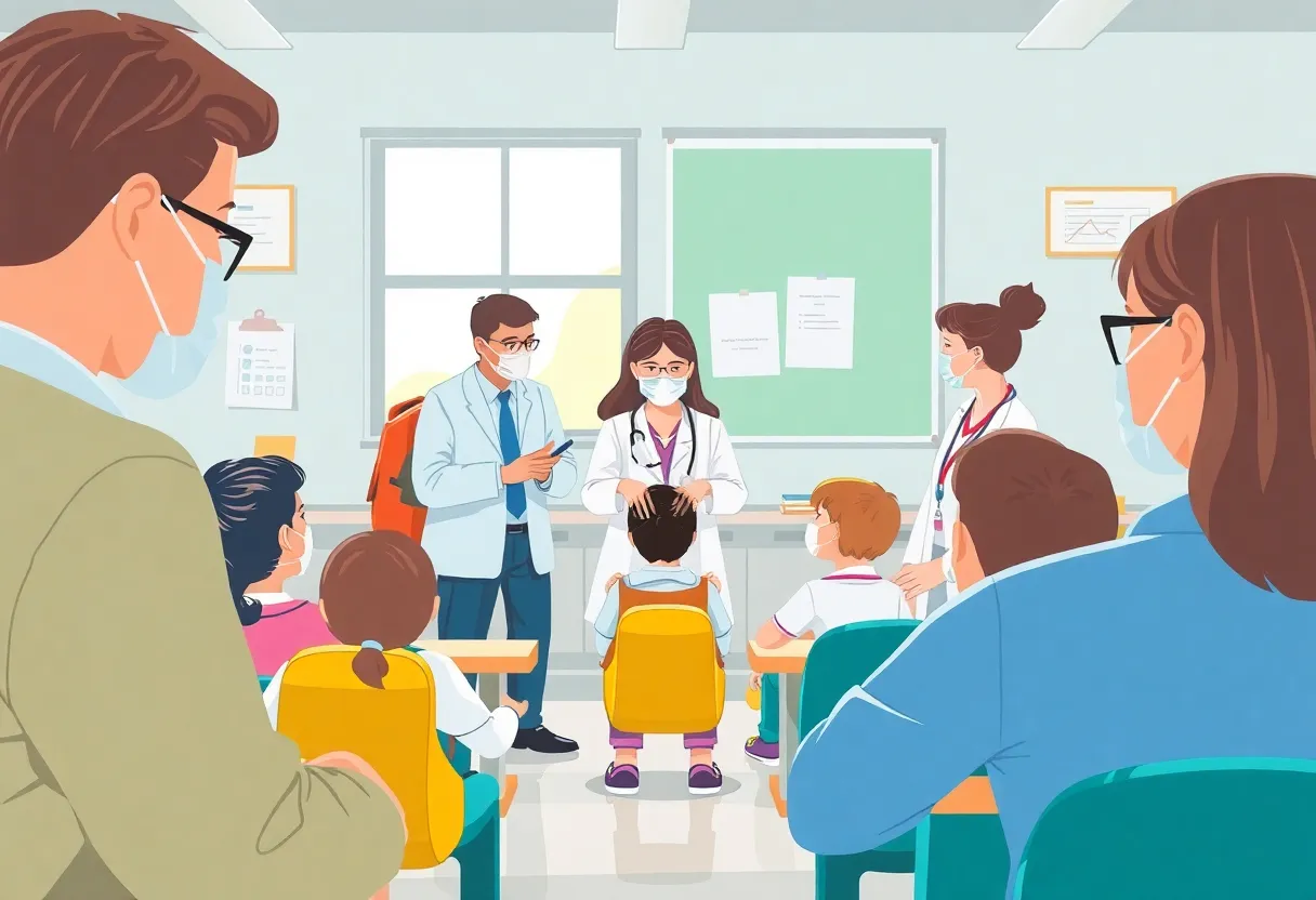 Health officials engaging with parents about measles vaccinations in a school environment.