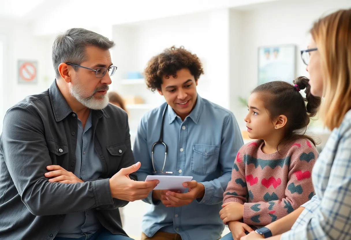 Families discussing measles vaccinations in a community setting