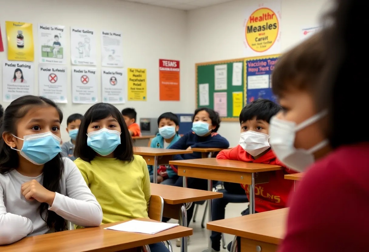 Students in a classroom setting observing health precautions due to a measles outbreak.