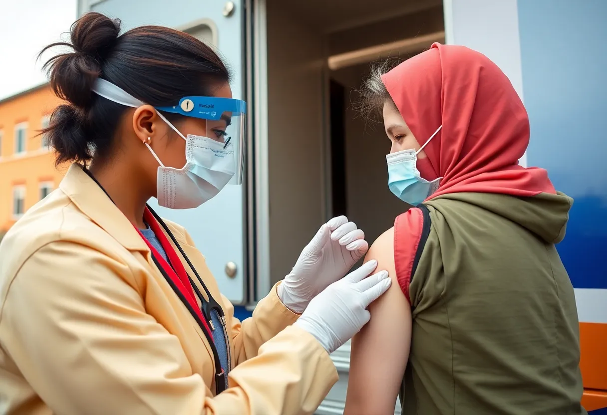 Health worker giving a vaccination at a mobile clinic.