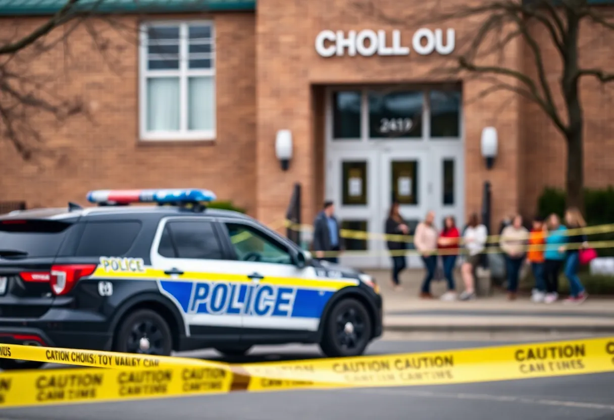 Police car parked outside a school building with concern among parents