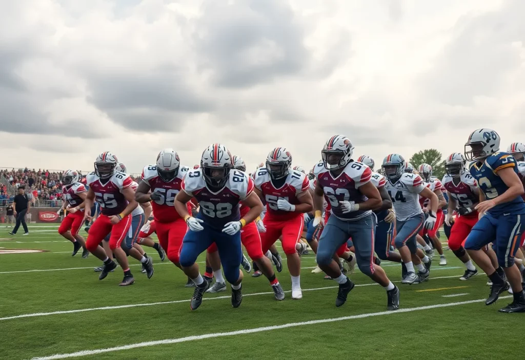 Richmond football players celebrating a win against Wofford