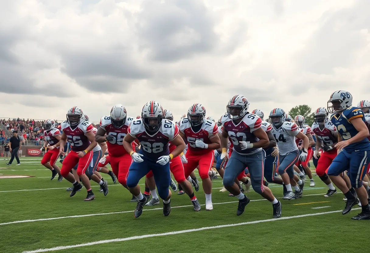 Richmond football players celebrating a win against Wofford