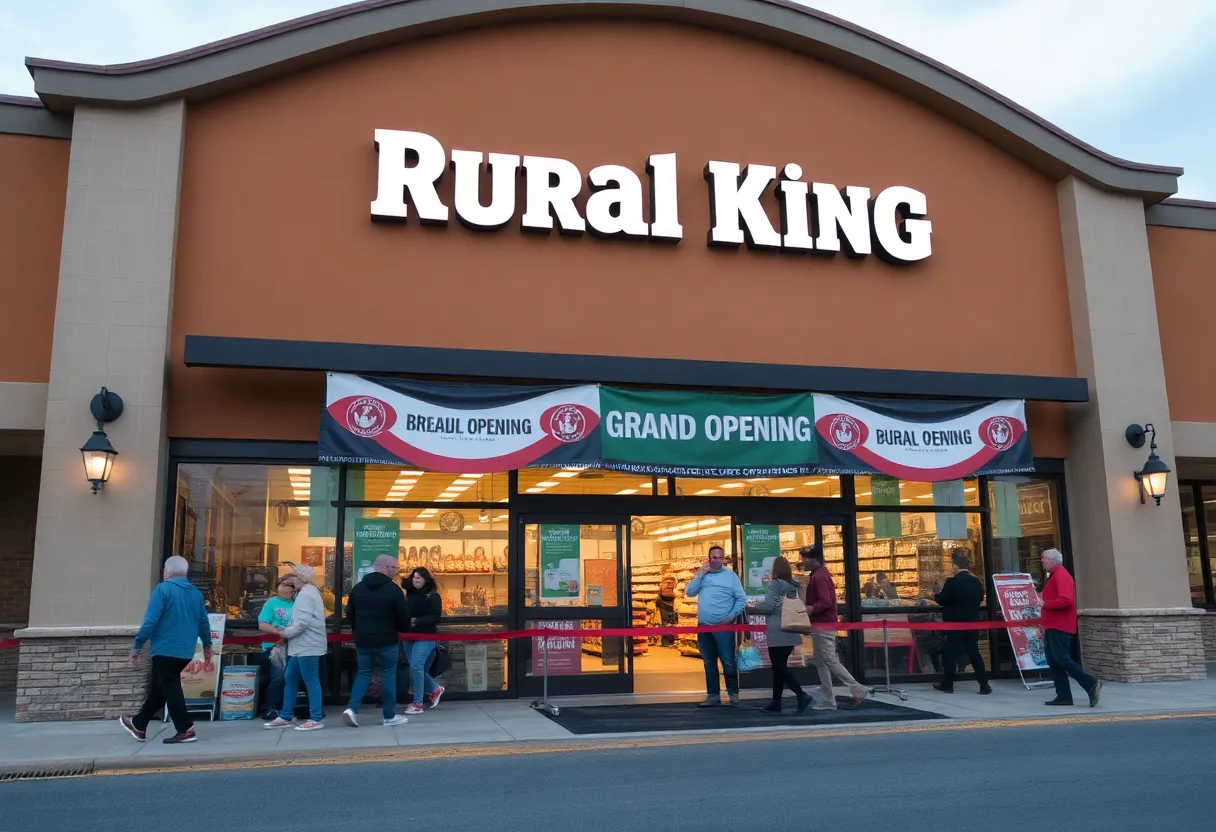 Exterior view of Rural King store in Spartanburg with customers during grand opening