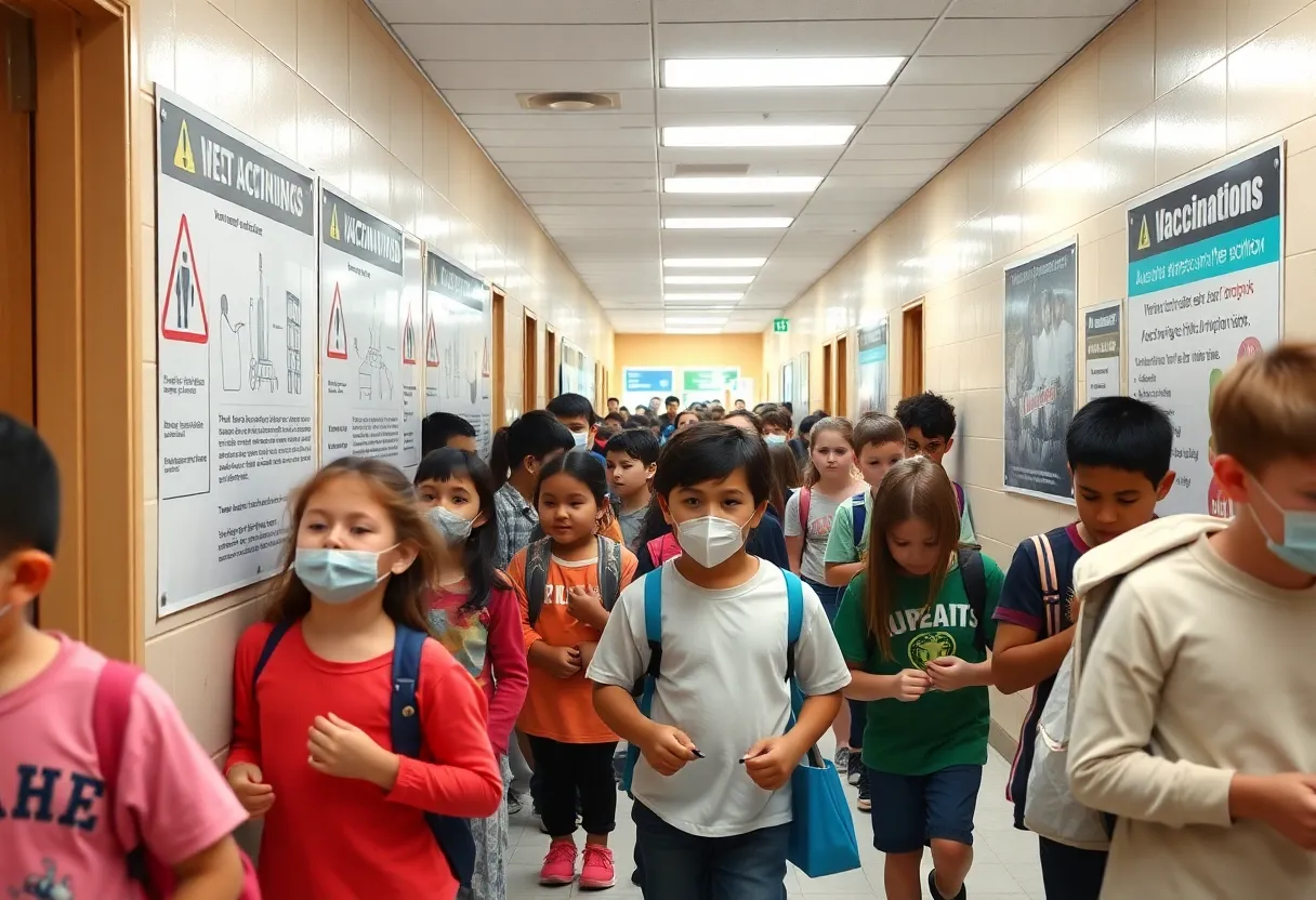 Awareness poster for measles vaccination in a school hallway