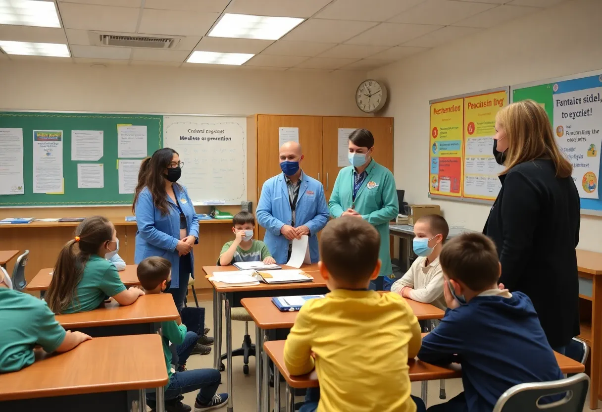 Health officials discussing measles prevention in a Spartanburg school