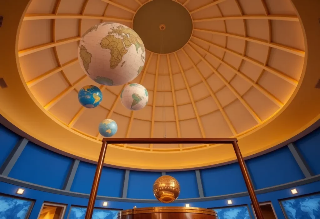 Interior view of the Spartanburg Planetarium with stunning globes and educational displays.