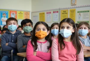 Students in a classroom learning about measles and vaccinations