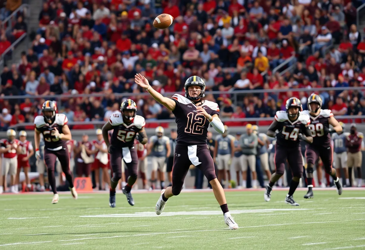 Quarterback throwing a pass during a football game