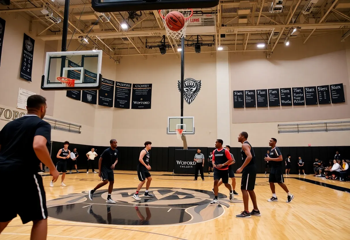 Wofford College basketball players practicing on the court