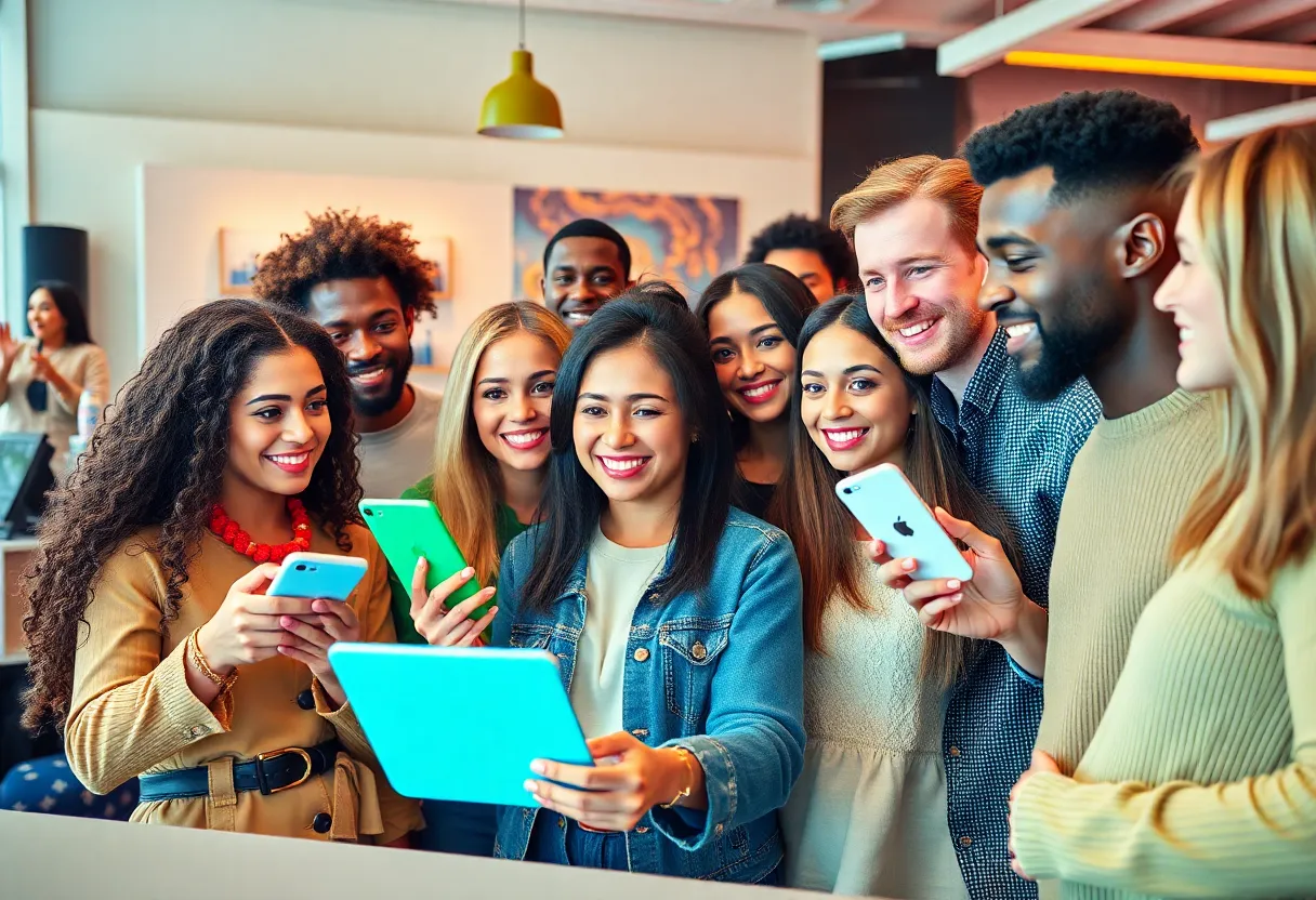 Group of influencers collaborating on social media marketing.