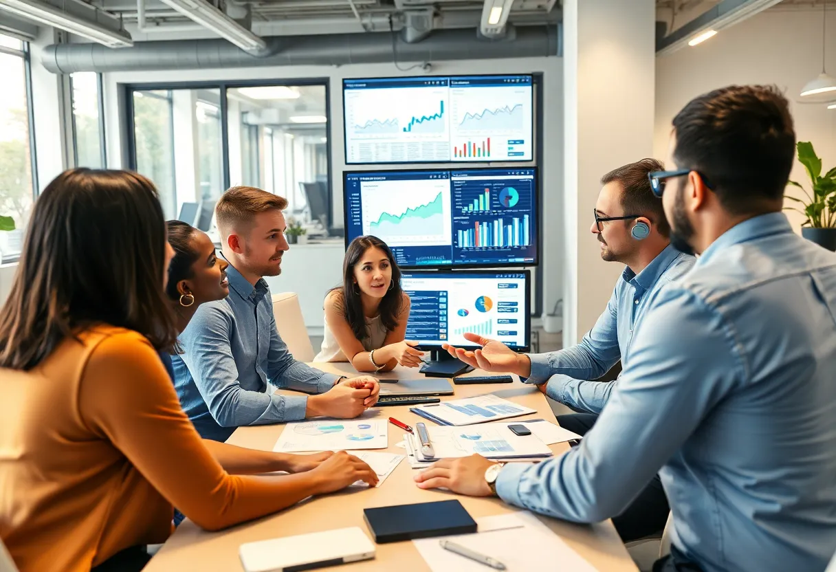 Marketers collaborating and analyzing data in an office setting