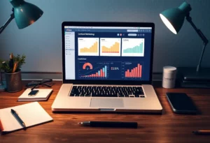 A laptop in a creative workspace showcasing content marketing metrics.