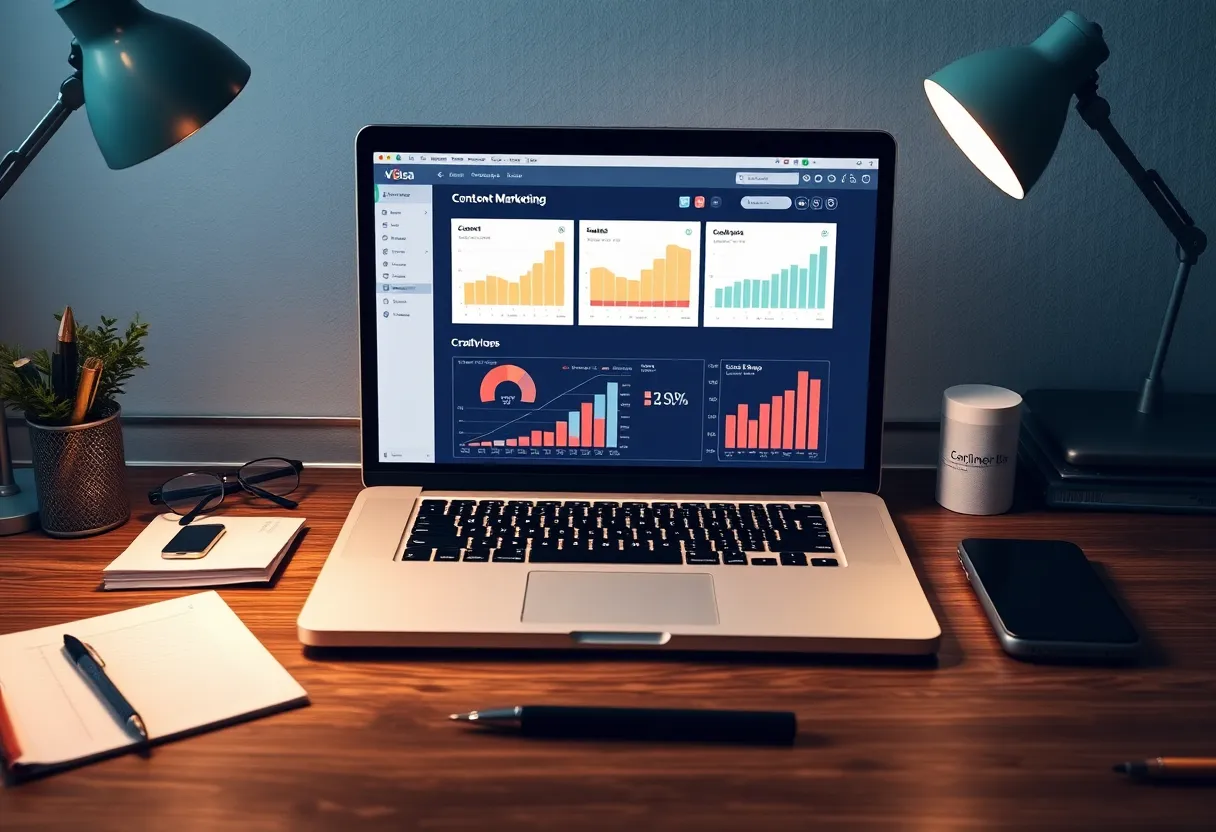 A laptop in a creative workspace showcasing content marketing metrics.