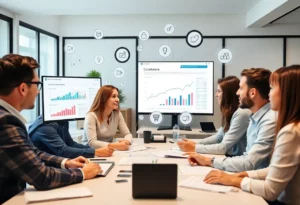 A team of marketers discussing digital marketing strategies