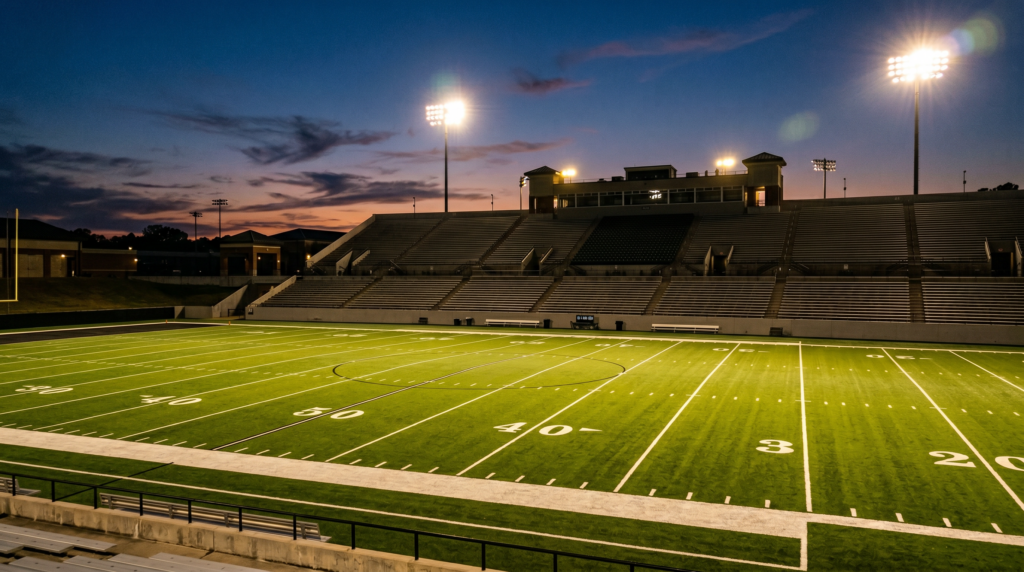 Wofford College Gibbs Stadium football field lit by stadium lights at dusk