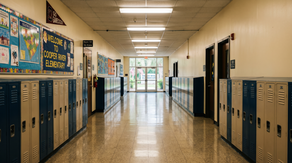 Empty elementary school hallway with lockers in South Carolina