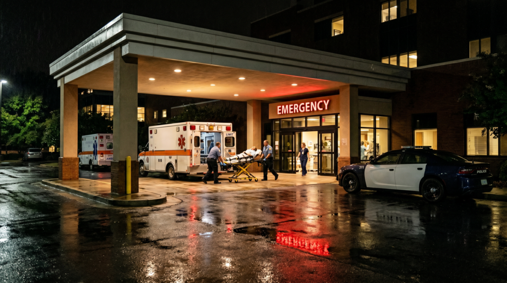 Spartanburg Regional Medical Center emergency department entrance at night with ambulance bay and police cruiser