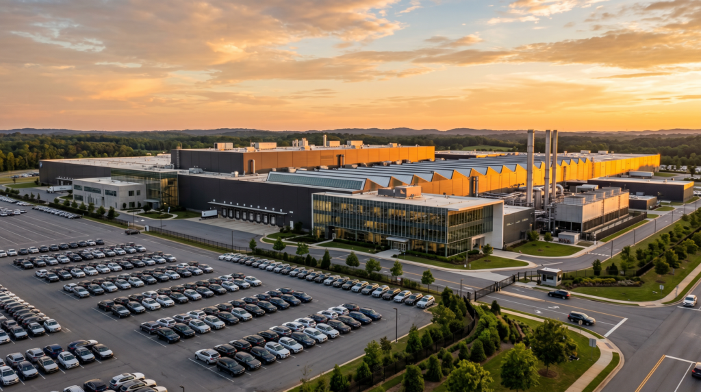 BMW Manufacturing Plant Spartanburg exterior at golden hour aerial view