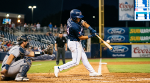 Baseball player swinging bat under stadium lights