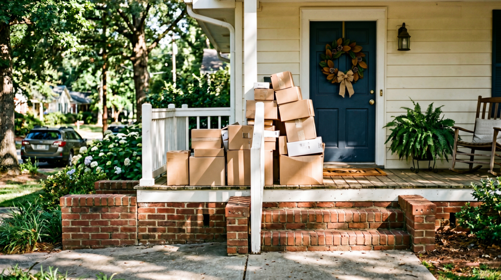 Front porch with package on doormat