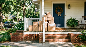 Front porch with package on doormat