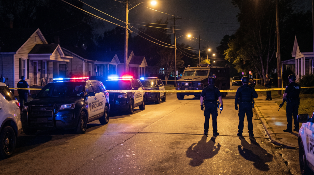 Spartanburg Police Department patrol vehicles and tactical units positioned outside a residential home during a nighttime standoff on Saxon Avenue
