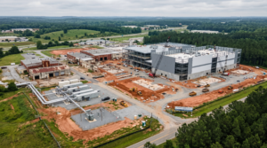 Aerial view of NorthMark Strategies' Project Moc-1 high-performance computing facility under construction at the former Kohler plant site on South Pine Street in Spartanburg County