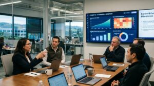 Business team reviews AI growth data at tech company meeting