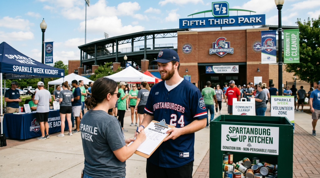 Volunteer kickoff scene at Fifth Third Park for the Hub City Spartanburgers Sparkle Week community projects