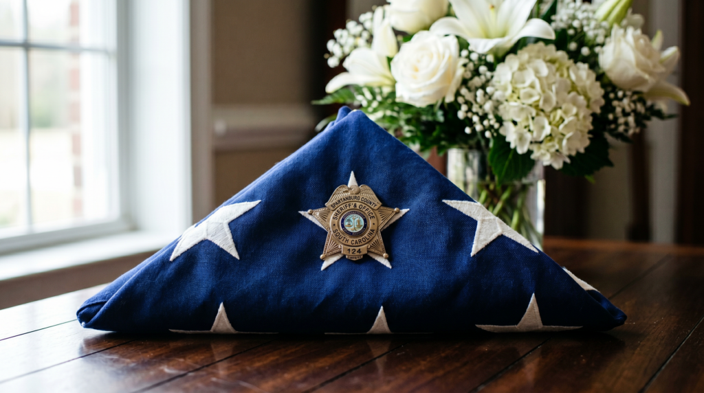 Spartanburg County Sheriff badge on folded American flag with white flowers, memorial tribute