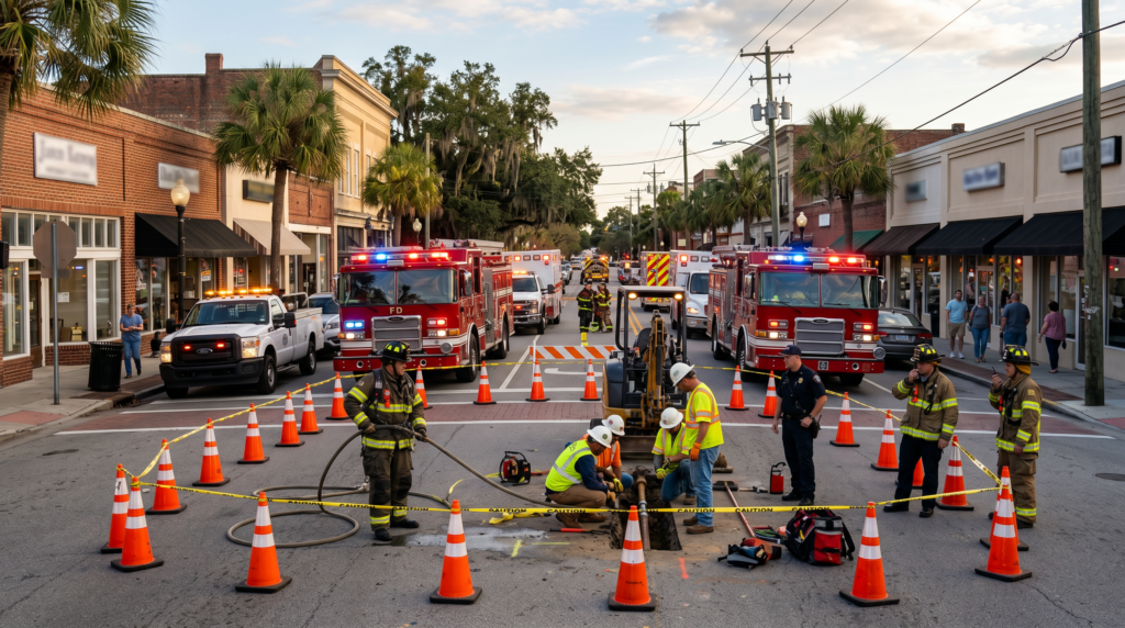Emergency responders and utility crew working on gas leak on East Main Street in Spartanburg