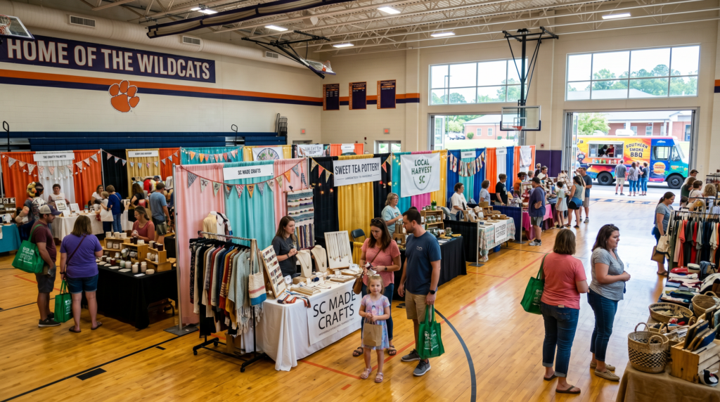 Local vendor market with booths and families shopping inside a school gymnasium in South Carolina