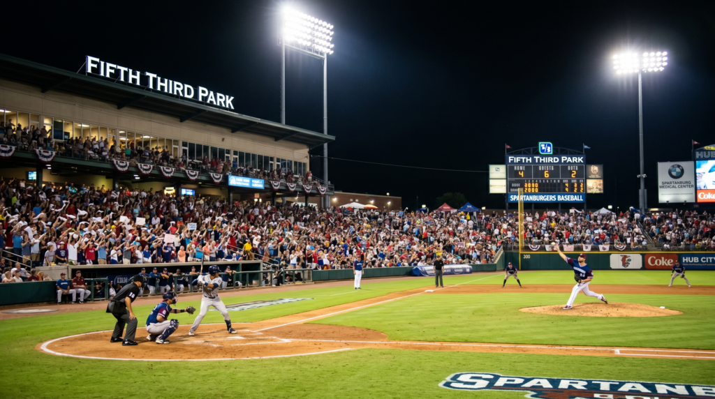 Hub City Spartanburgers baseball game at Fifth Third Park in Spartanburg at night with packed stands